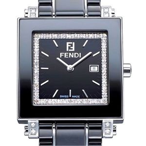💎 FENDI 💎 Black Ceramic Square Diamond 32 mm Watch